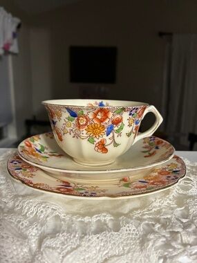 Vintage Floral Tea Cup Trio Set Cottagecore Orange Blue China
